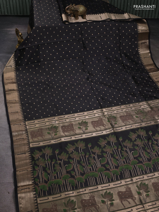 Semi raw silk saree black with allover zari woven buttas and paithani weaving pallu