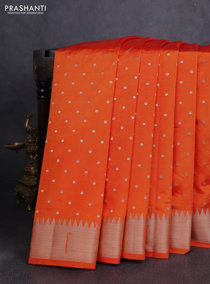 Semi raw silk saree orange with allover zari woven buttas and paithani weaving pallu