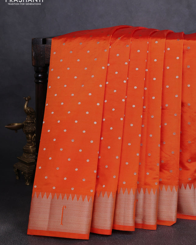 Semi raw silk saree orange with allover zari woven buttas and paithani weaving pallu