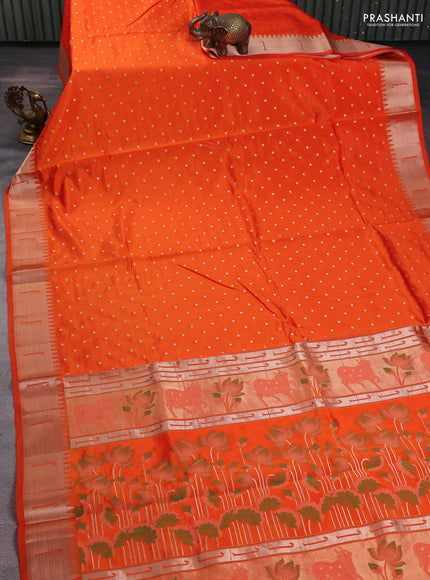 Semi raw silk saree orange with allover zari woven buttas and paithani weaving pallu