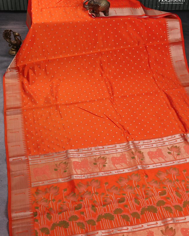 Semi raw silk saree orange with allover zari woven buttas and paithani weaving pallu