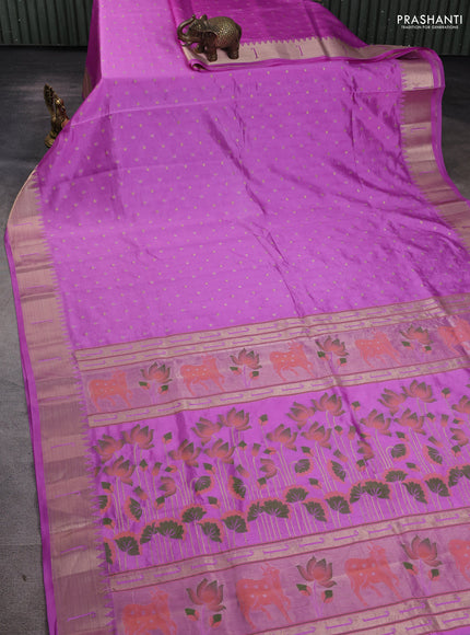 Semi raw silk saree lavender with allover zari woven buttas and paithani weaving pallu