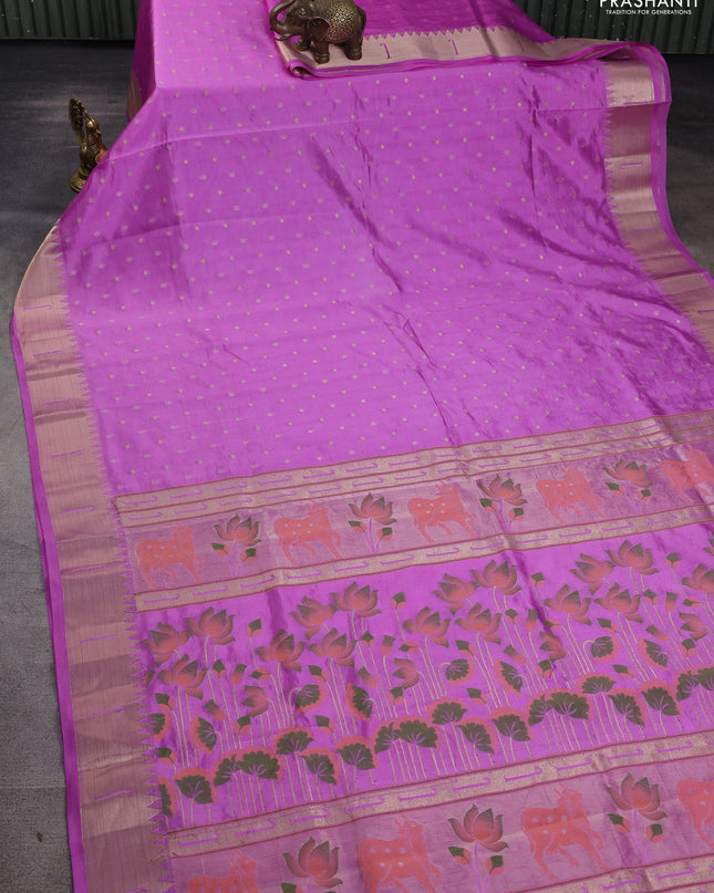 Semi raw silk saree lavender with allover zari woven buttas and paithani weaving pallu