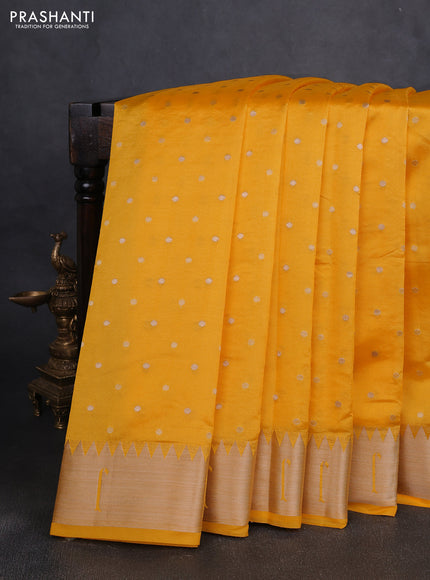 Semi raw silk saree yellow with allover zari woven buttas and paithani weaving pallu