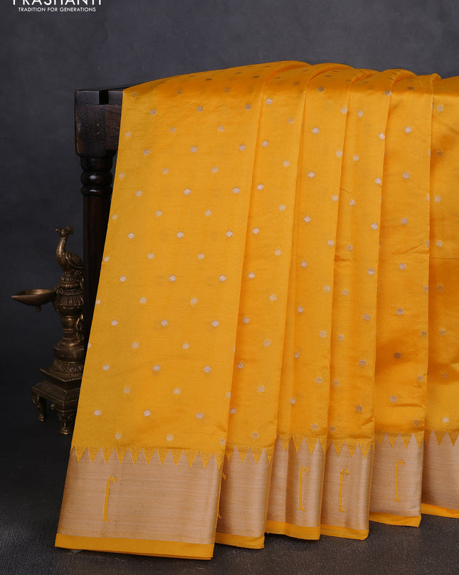 Semi raw silk saree yellow with allover zari woven buttas and paithani weaving pallu