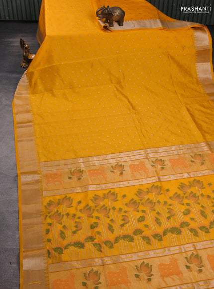 Semi raw silk saree yellow with allover zari woven buttas and paithani weaving pallu