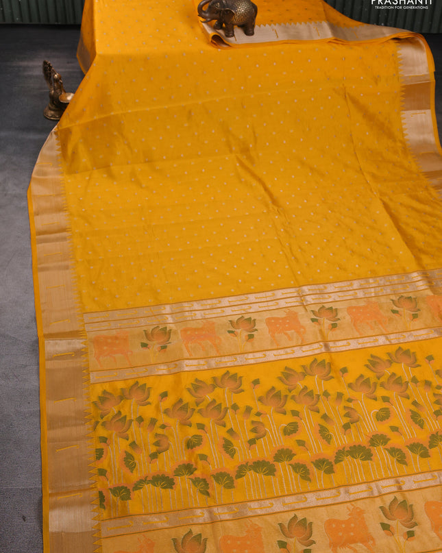 Semi raw silk saree yellow with allover zari woven buttas and paithani weaving pallu