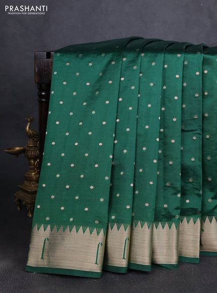 Semi raw silk saree dark green with allover zari woven buttas and paithani weaving pallu