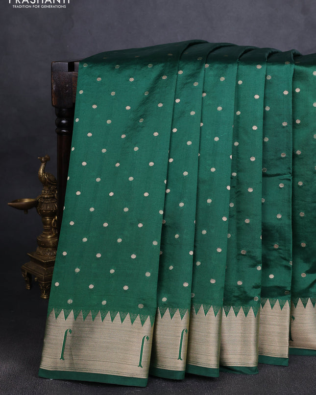 Semi raw silk saree dark green with allover zari woven buttas and paithani weaving pallu