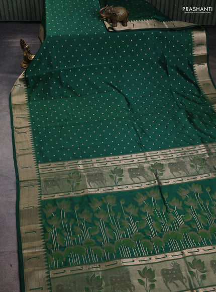 Semi raw silk saree dark green with allover zari woven buttas and paithani weaving pallu
