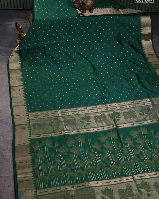 Semi raw silk saree dark green with allover zari woven buttas and paithani weaving pallu