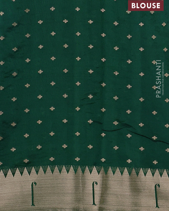 Semi raw silk saree dark green with allover zari woven buttas and paithani weaving pallu