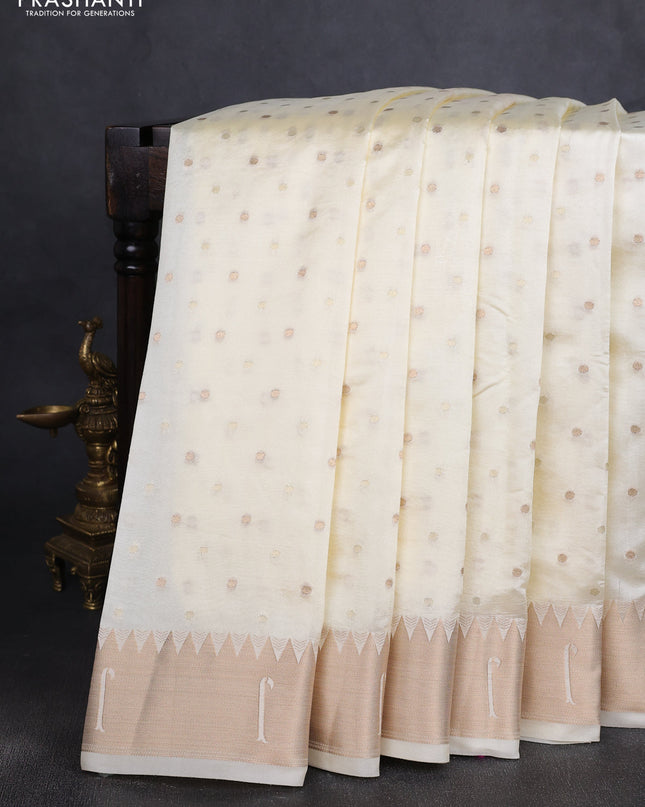 Semi raw silk saree cream with allover zari woven buttas and paithani weaving pallu