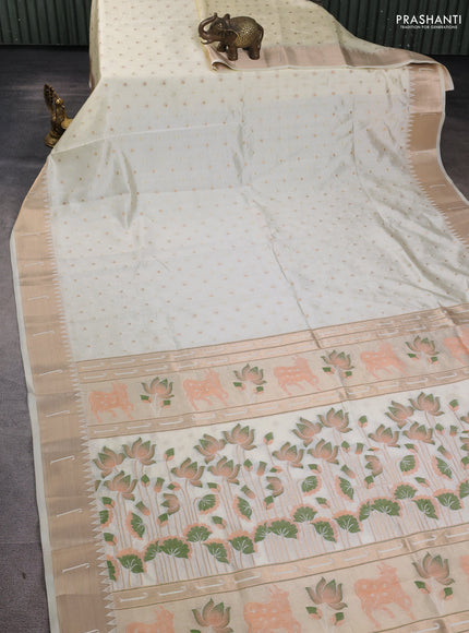 Semi raw silk saree cream with allover zari woven buttas and paithani weaving pallu
