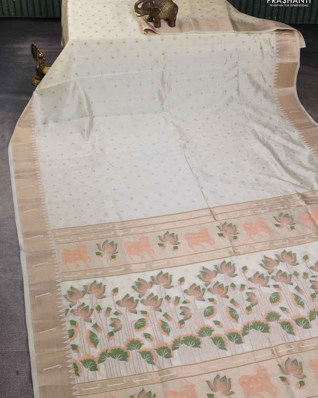 Semi raw silk saree cream with allover zari woven buttas and paithani weaving pallu