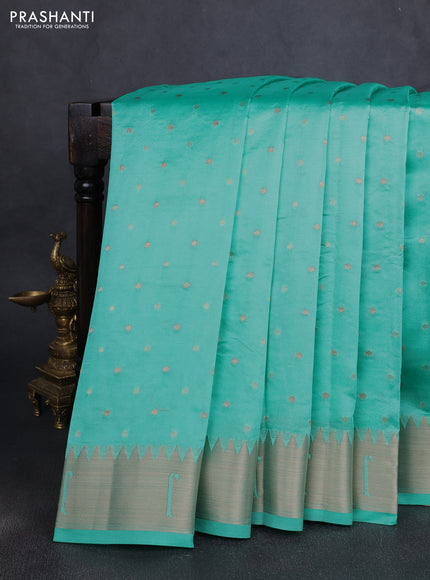 Semi raw silk saree teal blue with allover zari woven buttas and paithani weaving pallu