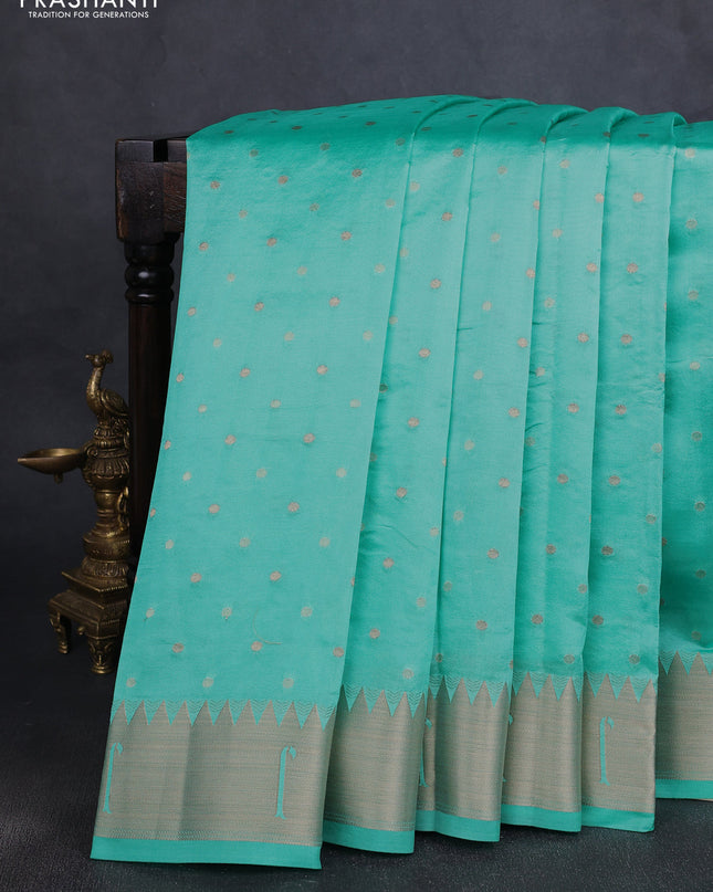 Semi raw silk saree teal blue with allover zari woven buttas and paithani weaving pallu
