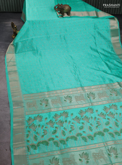 Semi raw silk saree teal blue with allover zari woven buttas and paithani weaving pallu