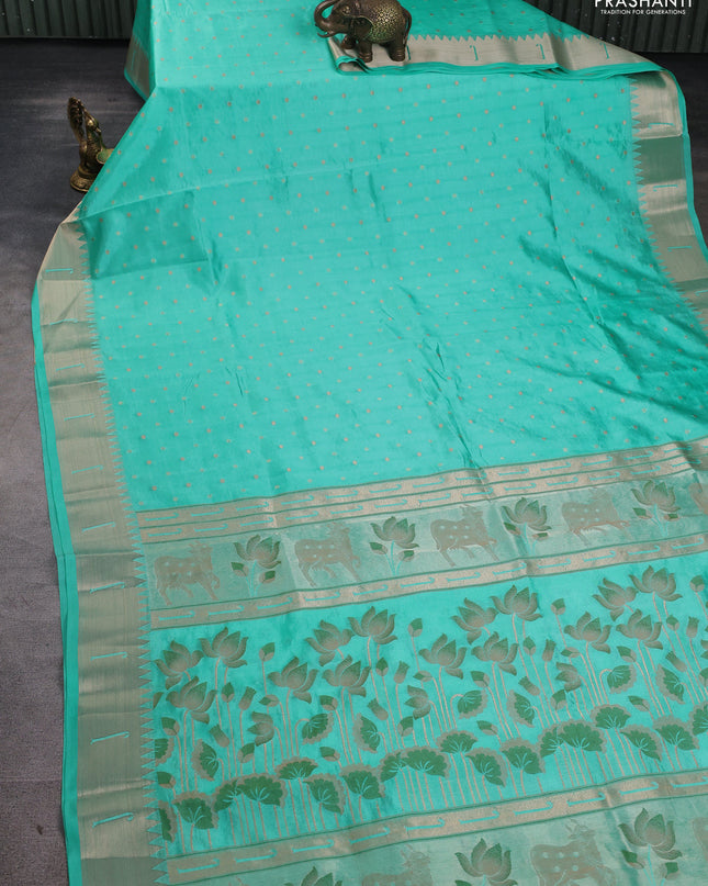 Semi raw silk saree teal blue with allover zari woven buttas and paithani weaving pallu