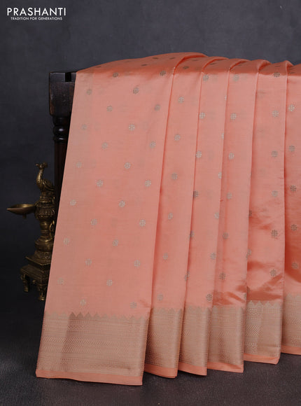 Semi raw silk saree pale orange with allover zari woven buttas and paithani weaving pallu