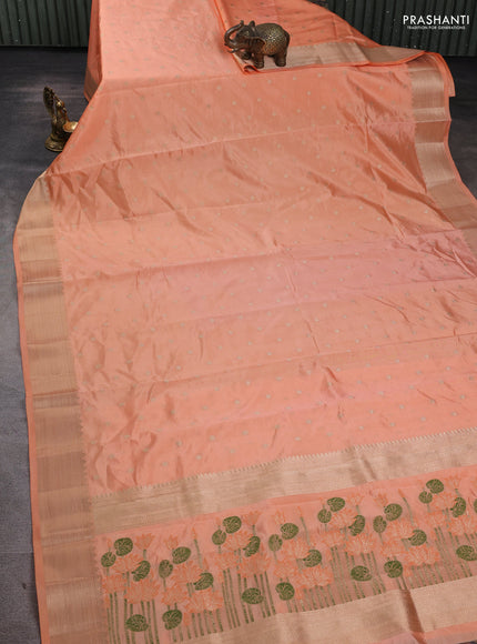 Semi raw silk saree pale orange with allover zari woven buttas and paithani weaving pallu
