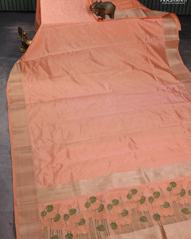Semi raw silk saree pale orange with allover zari woven buttas and paithani weaving pallu