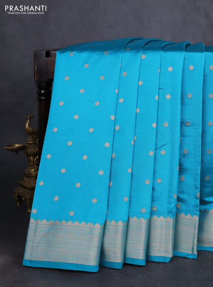Semi raw silk saree cs blue with allover zari woven buttas and paithani weaving pallu