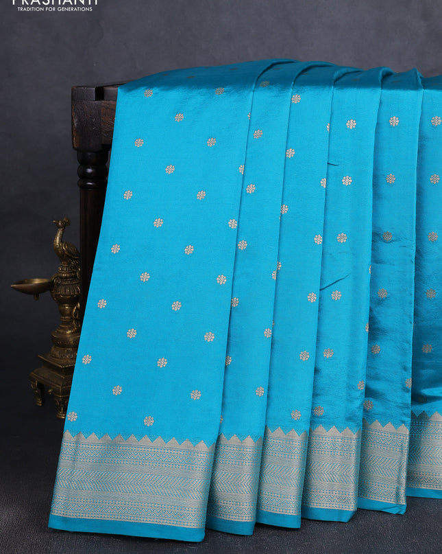 Semi raw silk saree cs blue with allover zari woven buttas and paithani weaving pallu