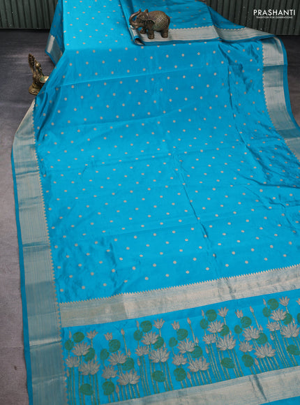 Semi raw silk saree cs blue with allover zari woven buttas and paithani weaving pallu