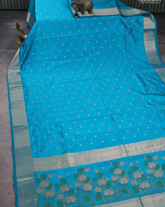 Semi raw silk saree cs blue with allover zari woven buttas and paithani weaving pallu