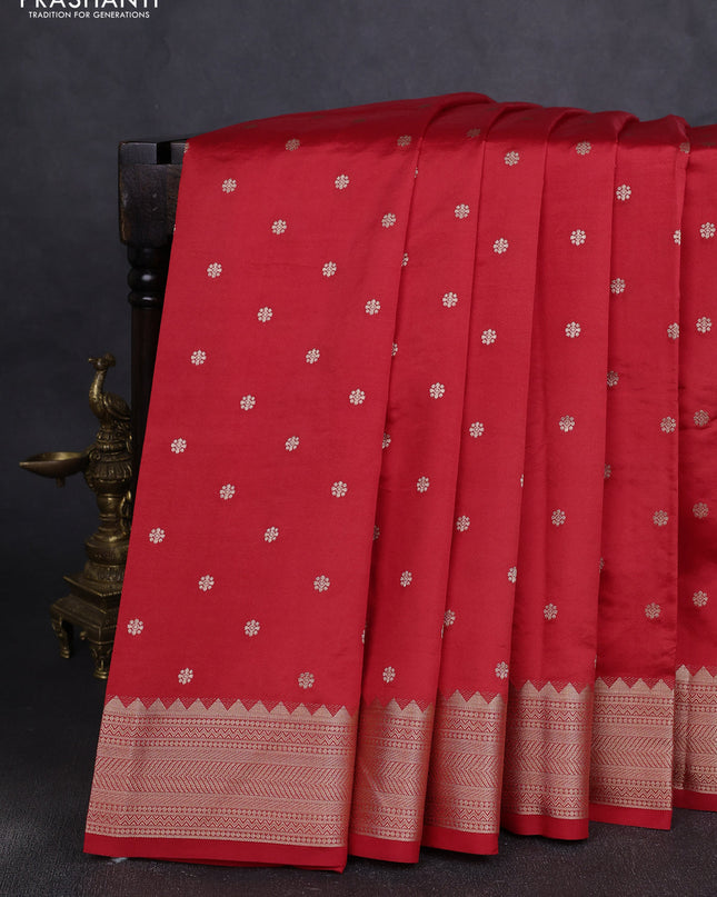Semi raw silk saree red with allover zari woven buttas and paithani weaving pallu