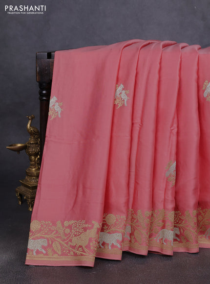 Art Mushru silk saree peach shade with zari woven buttas and zari woven border