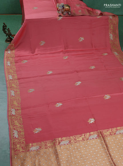 Art Mushru silk saree peach shade with zari woven buttas and zari woven border