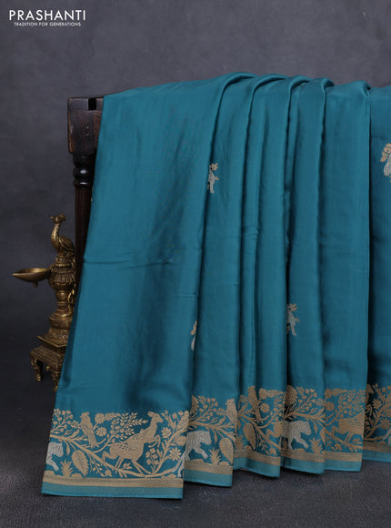 Art Mushru silk saree peacock blue with zari woven buttas and zari woven border