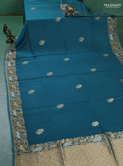 Art Mushru silk saree peacock blue with zari woven buttas and zari woven border