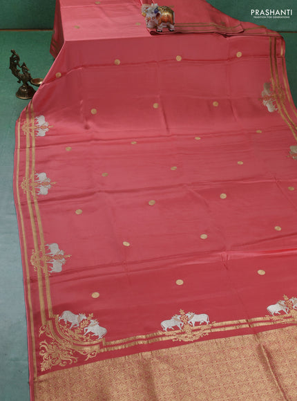 Art Mushru silk saree peach shade with zari woven geometric buttas and zari woven pichwai border