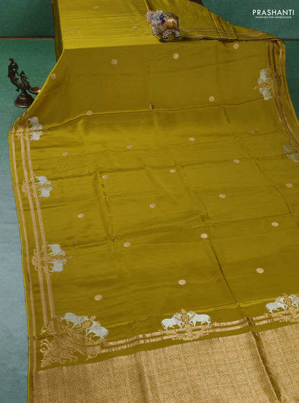 Art Mushru silk saree mustard yellow with zari woven geometric buttas and zari woven pichwai border