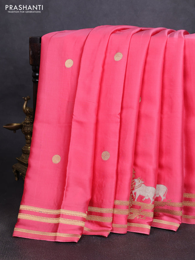 Art Mushru silk saree peach pink with zari woven geometric buttas and zari woven pichwai border