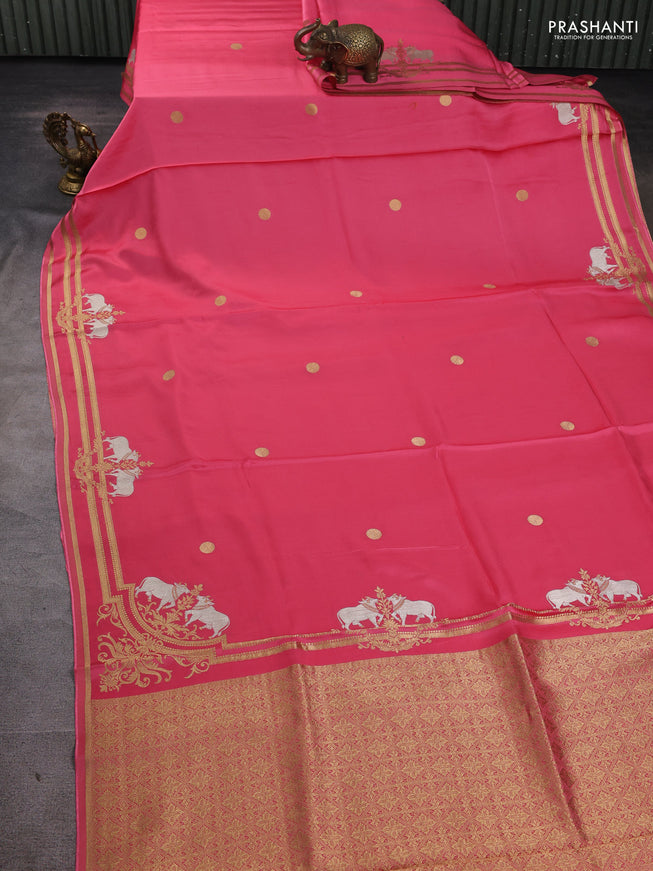 Art Mushru silk saree peach pink with zari woven geometric buttas and zari woven pichwai border