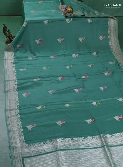 Art Mushru silk saree teal green with zari woven buttas and zari woven border