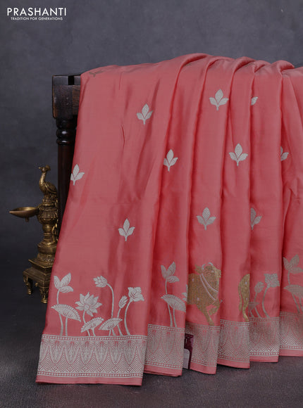 Art Mushru silk saree peach shade with zari woven buttas and zari woven pichwai border