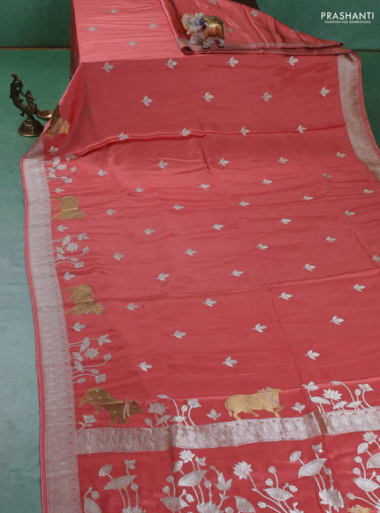 Art Mushru silk saree peach shade with zari woven buttas and zari woven pichwai border