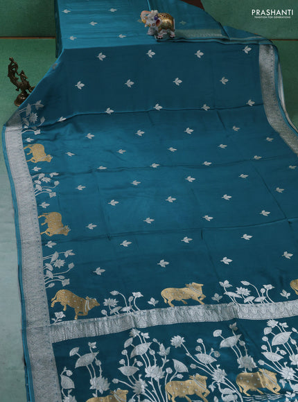 Art Mushru silk saree peacock blue with zari woven buttas and zari woven pichwai border