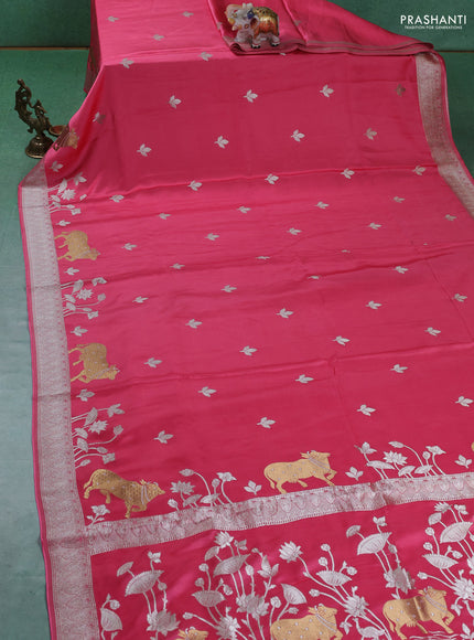 Art Mushru silk saree peach pink with zari woven buttas and zari woven pichwai border