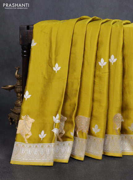 Art Mushru silk saree mustard yellow with zari woven buttas and zari woven pichwai border