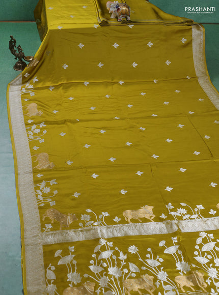 Art Mushru silk saree mustard yellow with zari woven buttas and zari woven pichwai border