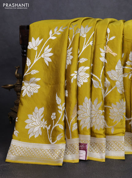 Art Mushru silk saree mustard yellow with zari woven buttas and long zari woven border