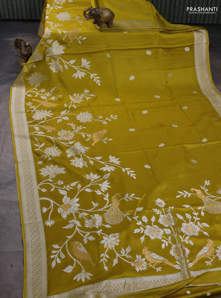 Art Mushru silk saree mustard yellow with zari woven buttas and long zari woven border