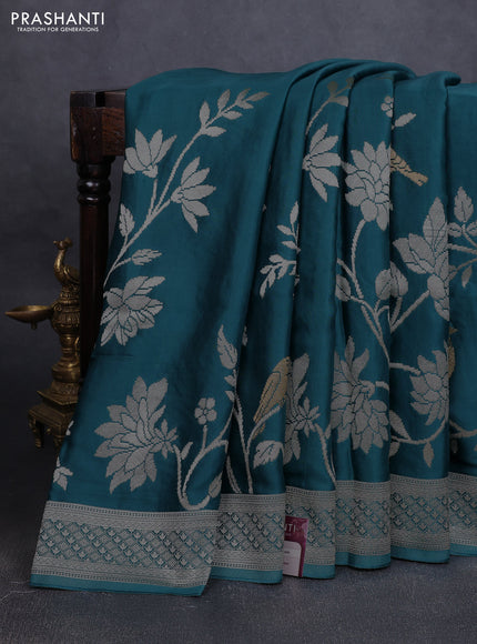 Art Mushru silk saree peacock blue with zari woven buttas and long zari woven border