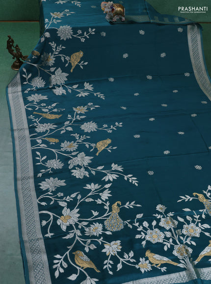 Art Mushru silk saree peacock blue with zari woven buttas and long zari woven border